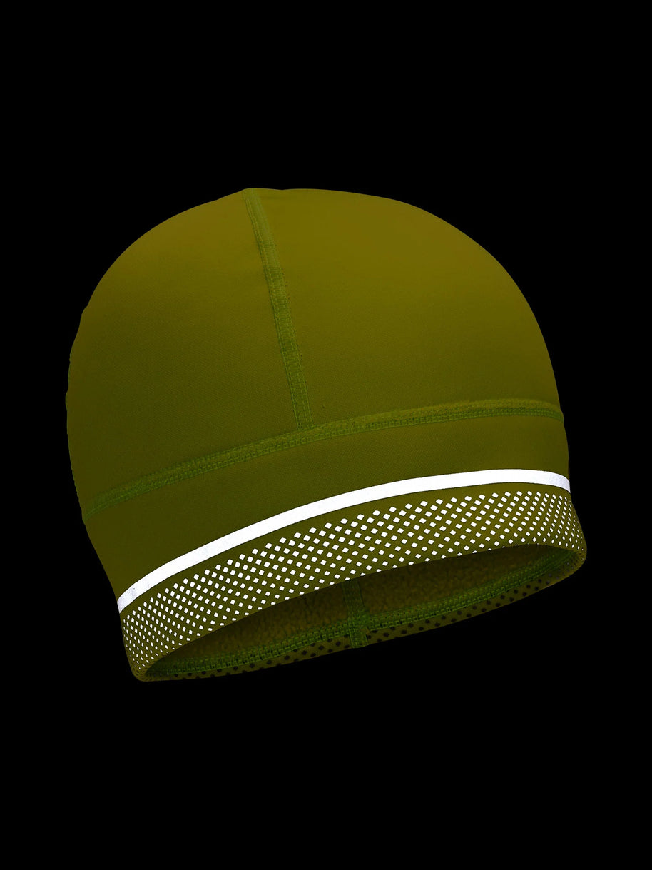 HyperNight Reflective Beanie in olive green by Nathan, lightweight stretch knit with reflective band for night running comfort and visibility