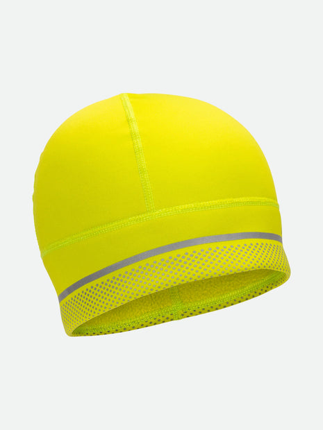 HyperNight Reflective Beanie by Nathan in bright yellow with reflective detailing, lightweight stretch fabric, ideal for running in low light