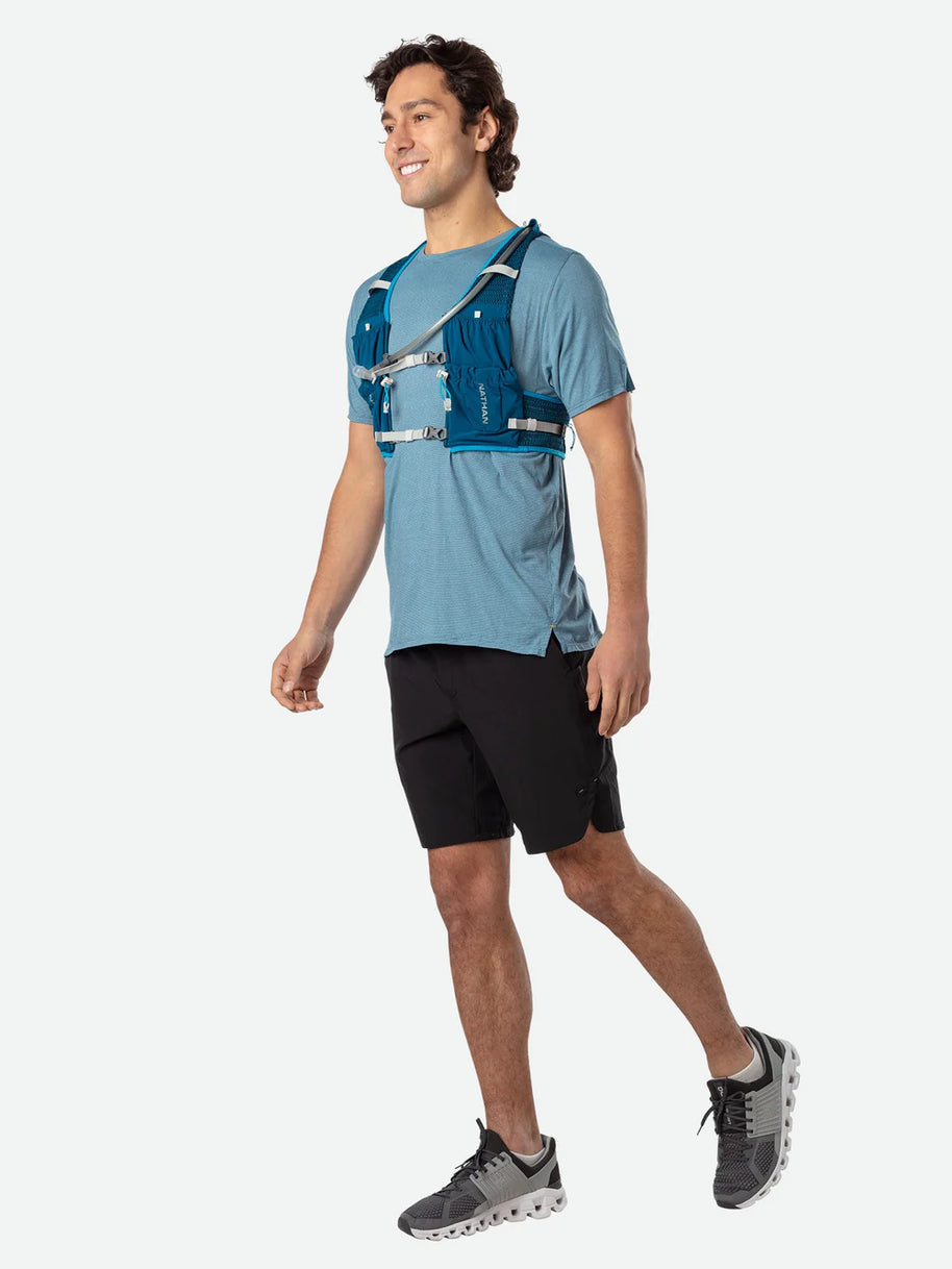 VaporAir 2 Lite 4L by Nathan in blue, lightweight breathable running vest with adaptive-fit hook & loop design for trail running and outdoor use