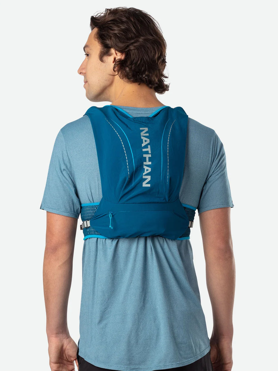 VaporAir 2 Lite 4L by Nathan in blue featuring lightweight breathable mesh with Adaptive-Fit hook & loop design for running and outdoor use