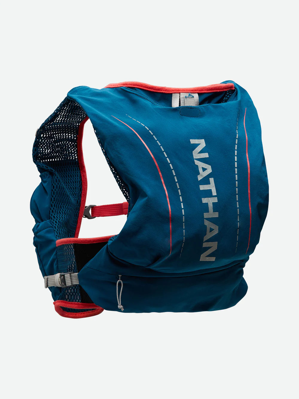 Vapor Airess 2 Lite 4L by Nathan in blue and red lightweight breathable running vest with Adaptive-Fit and hook loop design for trail running