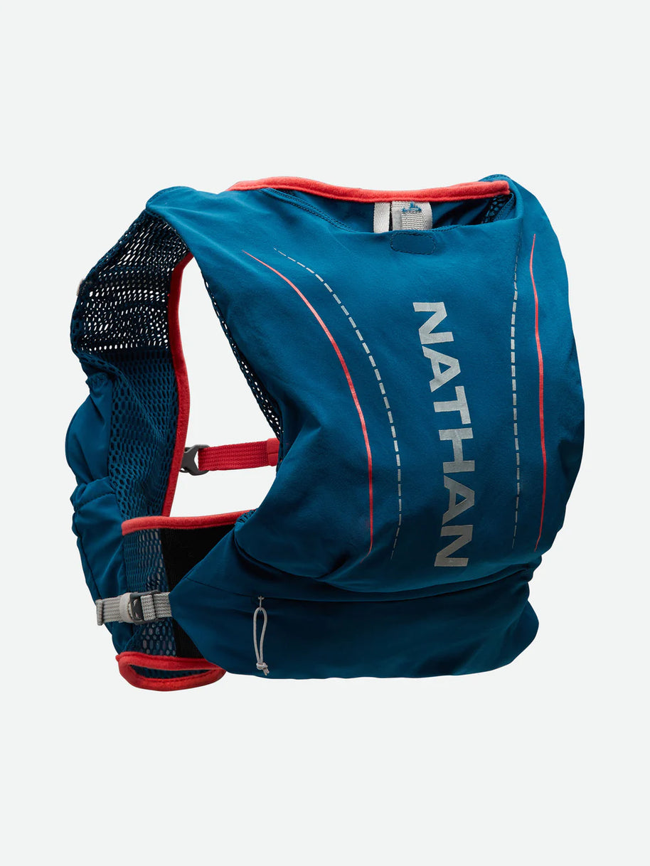 Vapor Airess 2 Lite 4L by Nathan in blue and red lightweight breathable running vest with Adaptive-Fit and hook loop design for trail running