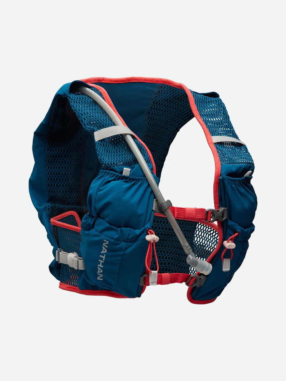Vapor Airess 2 Lite 4L by Nathan in blue and red with lightweight breathable mesh and Adaptive-Fit design for running packs
