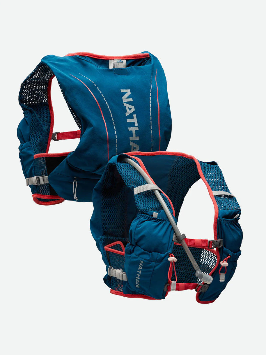 Vapor Airess 2 Lite 4L by Nathan in blue with red trim, lightweight breathable mesh pack with Adaptive-Fit, ideal for running and outdoor use