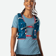 Vapor Airess 2 Lite 4L by Nathan in blue with red accents, lightweight breathable mesh running pack with adaptive-fit hook loop design for trail running