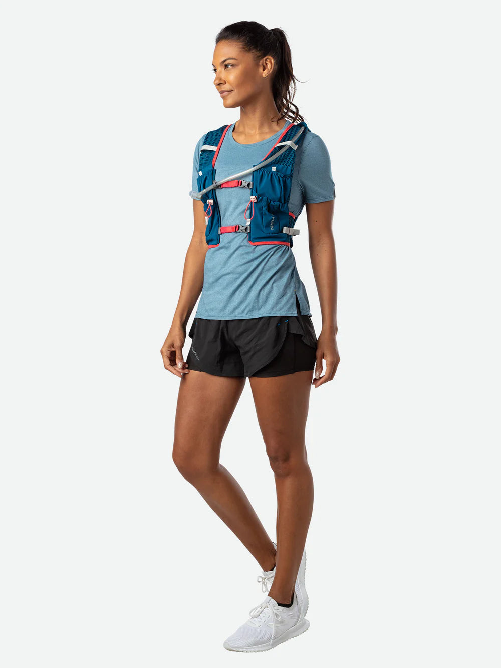 Vapor Airess 2 Lite 4L by Nathan in blue and grey with Adaptive-Fit hook loop design, lightweight breathable pack for running and outdoor use