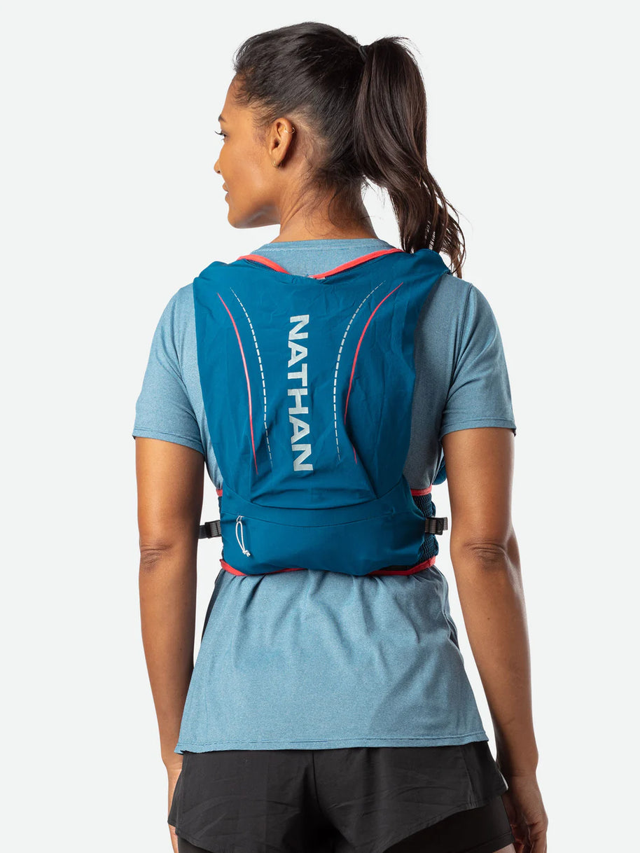 Vapor Airess 2 Lite 4L by Nathan in blue with adaptive-fit, breathable mesh, lightweight running pack designed for outdoor activities