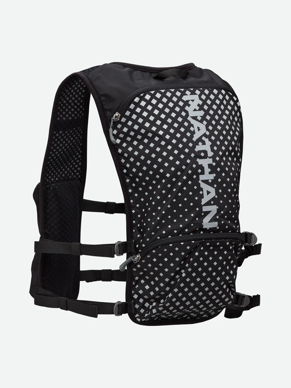 Hypernight Quick Start 2.0 4L by Nathan in black with reflective print, minimalist hydration pack for running and hands-free outdoor use