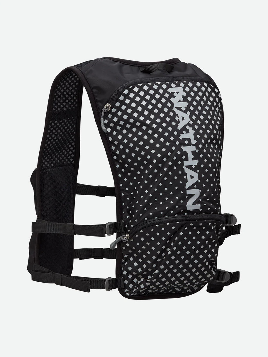 Hypernight Quick Start 2.0 4L by Nathan in black with reflective print, minimalist hydration pack for running and hands-free outdoor use