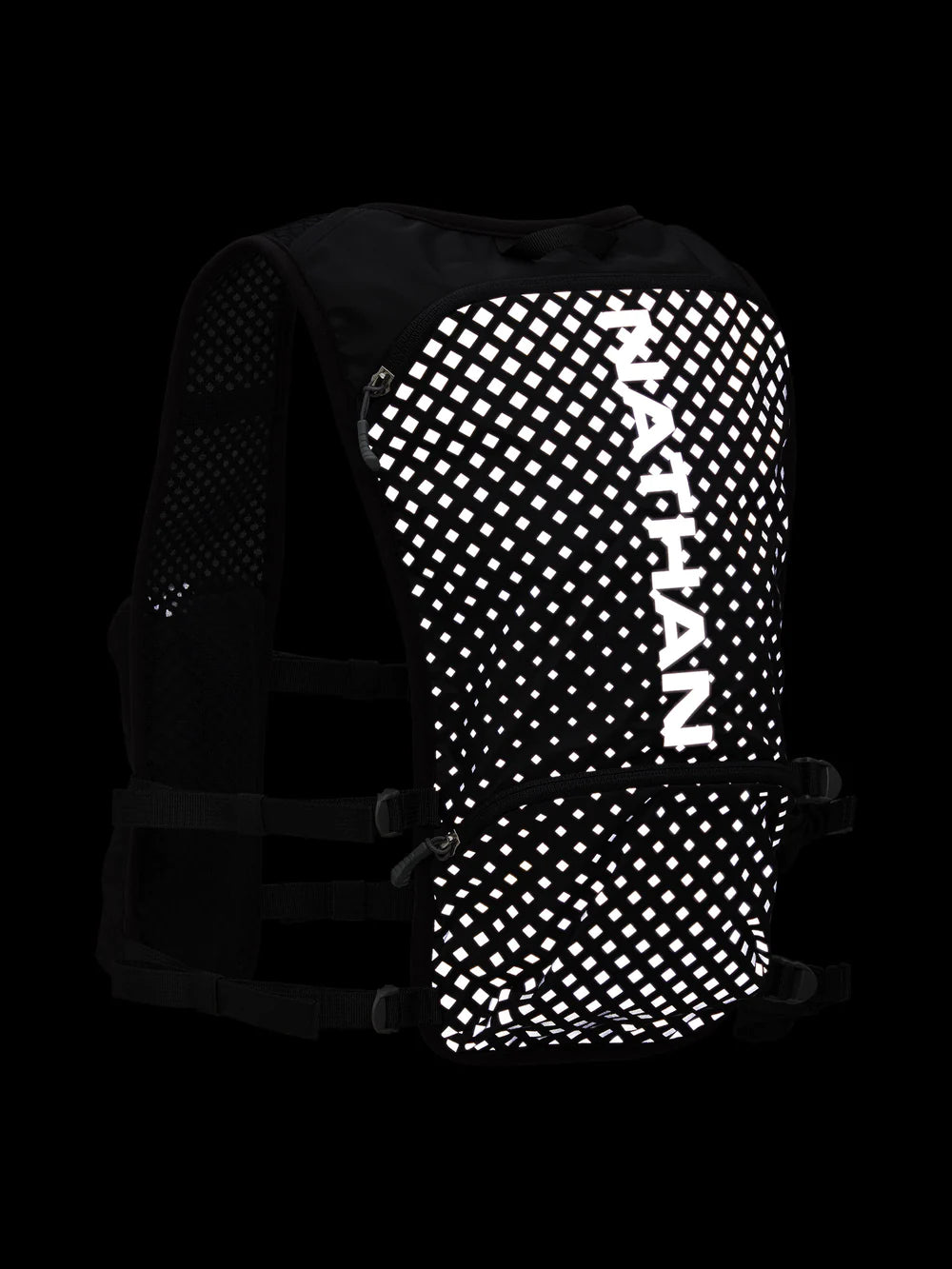 Hypernight Quick Start 2.0 4L by Nathan in black with expansive reflective print, minimalist hydration pack for running and hands-free use