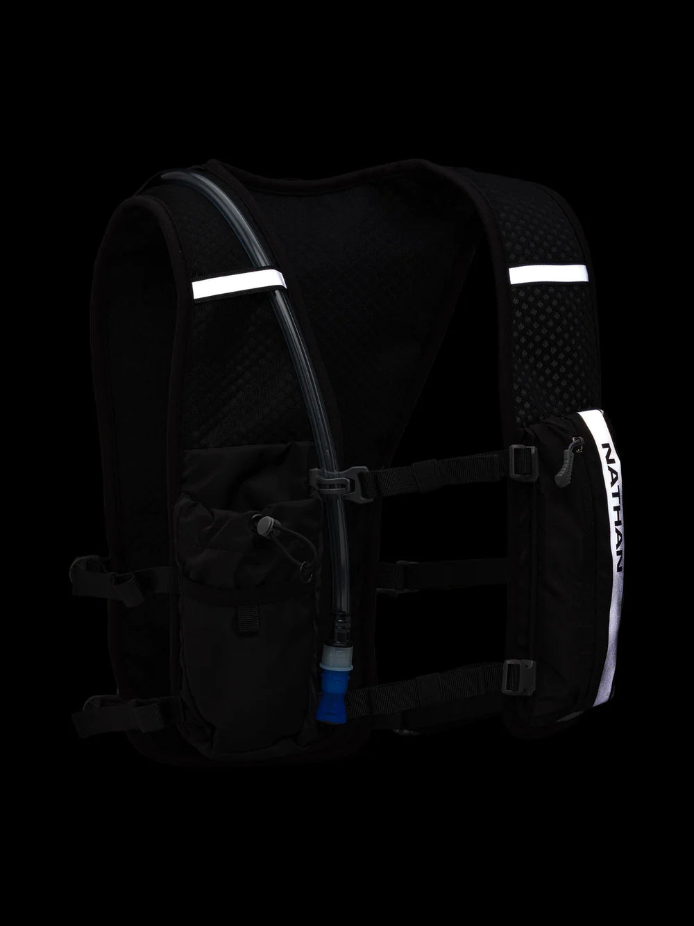 Hypernight Quick Start 2.0 4L by Nathan in black with reflective print, minimalist hydration pack for running and hands-free outdoor use