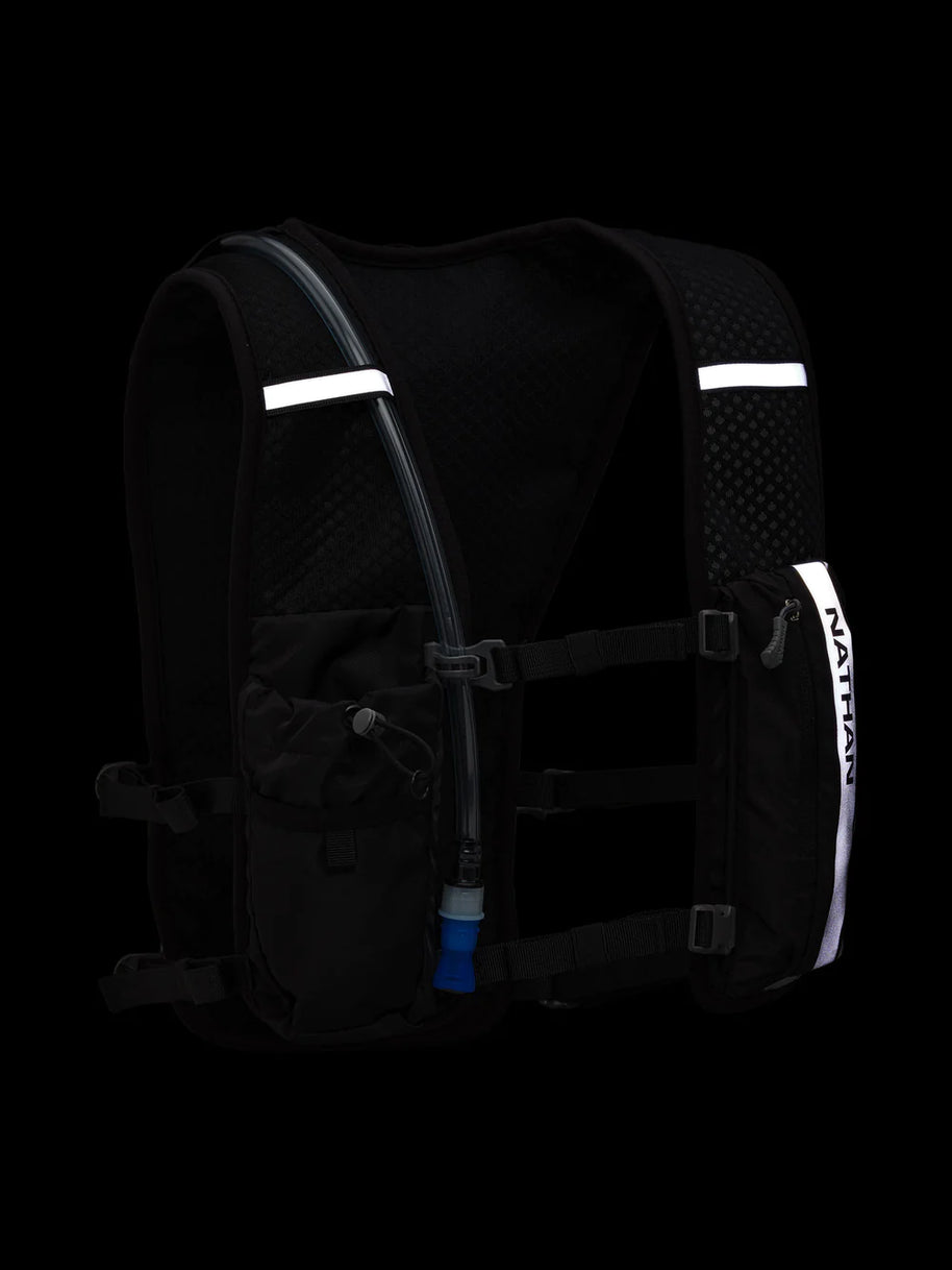 Hypernight Quick Start 2.0 4L by Nathan in black with reflective print, minimalist hydration pack for running and hands-free outdoor use