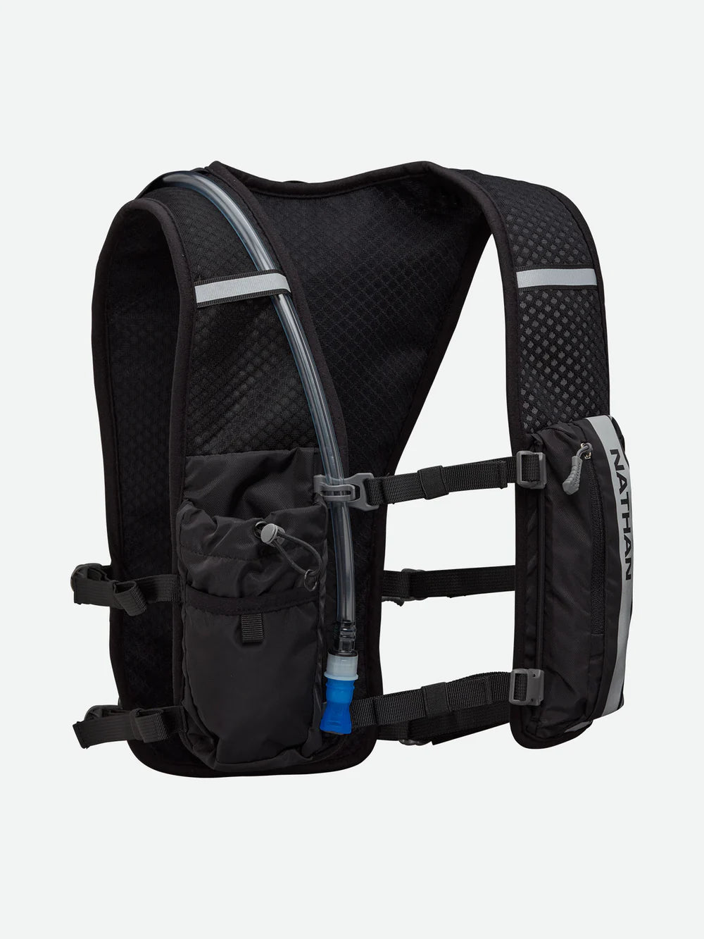 Hypernight Quick Start 2.0 4L by Nathan in black with reflective print, minimalist hands-free hydration pack for running and outdoor use.