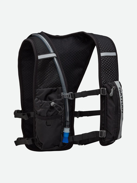 Hypernight Quick Start 2.0 4L by Nathan in black with reflective print, minimalist hands-free hydration pack for running and outdoor use.