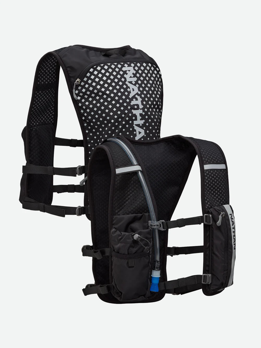 Hypernight Quick Start 2.0 4L by Nathan in black with reflective geometric print, minimalist hydration pack for running and hands-free outdoor use