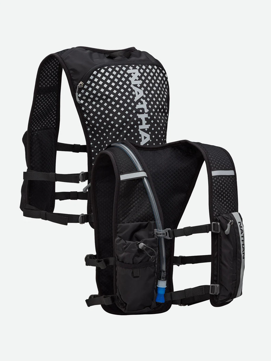 Hypernight Quick Start 2.0 4L by Nathan in black with reflective geometric print, minimalist hydration pack for running and hands-free outdoor use
