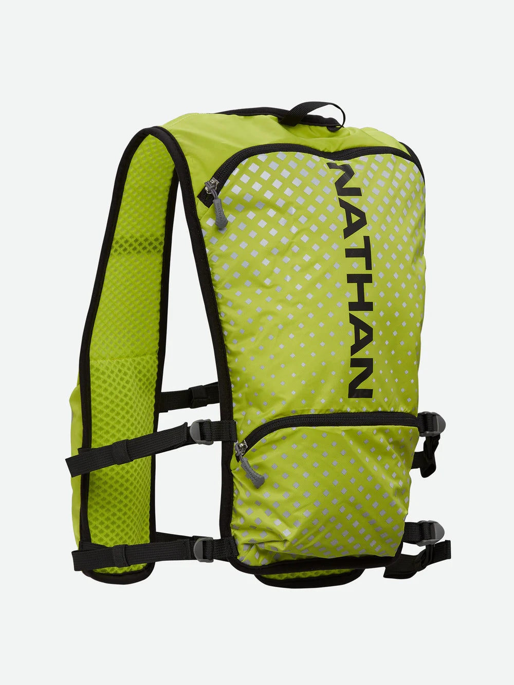 Hypernight Quick Start 2.0 4L by Nathan in bright green with reflective geometric print, minimalist hydration pack for running safety