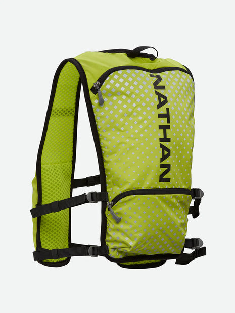 Hypernight Quick Start 2.0 4L by Nathan in bright green with reflective geometric print, minimalist hydration pack for running safety