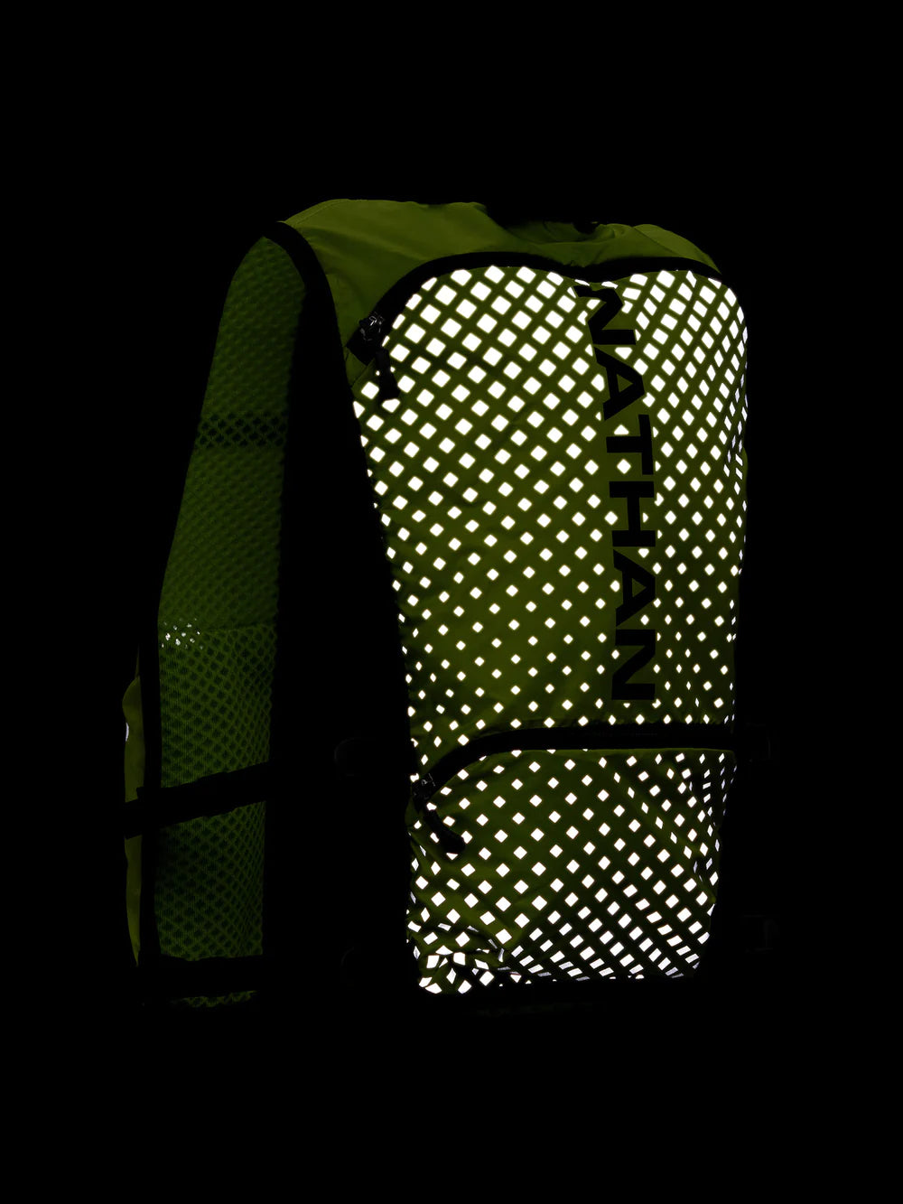 Hypernight Quick Start 2.0 4L by Nathan in reflective green with geometric print, minimalist hands-free hydration pack for running safety