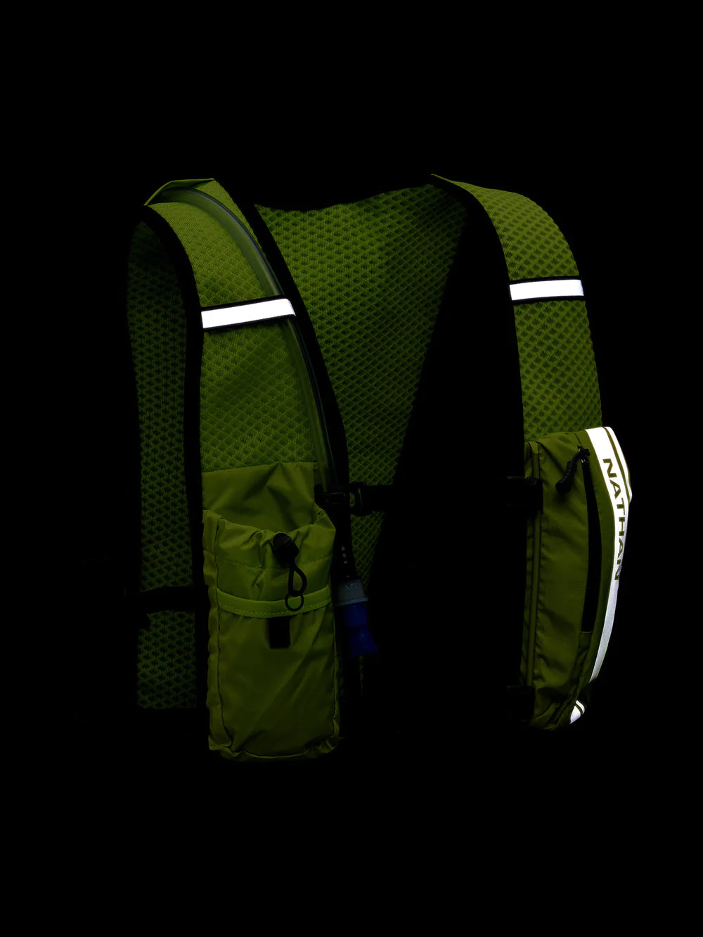 Hypernight Quick Start 2.0 4L by Nathan in olive green with reflective print, minimalist hydration vest for running and outdoor use