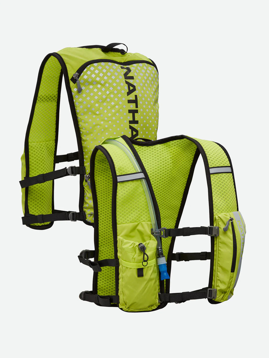 Hypernight Quick Start 2.0 4L by Nathan in bright lime with reflective print, minimalist hands-free hydration pack for running and outdoor use