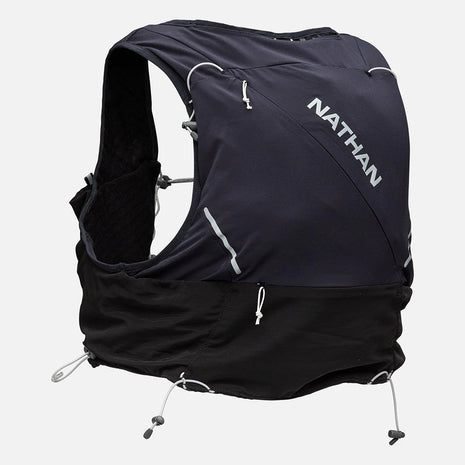 Pinnacle Pro 12L - Men by Nathan in black and dark blue with Quick-Fit adjustment and slider sternum cords, ideal for running and outdoor use