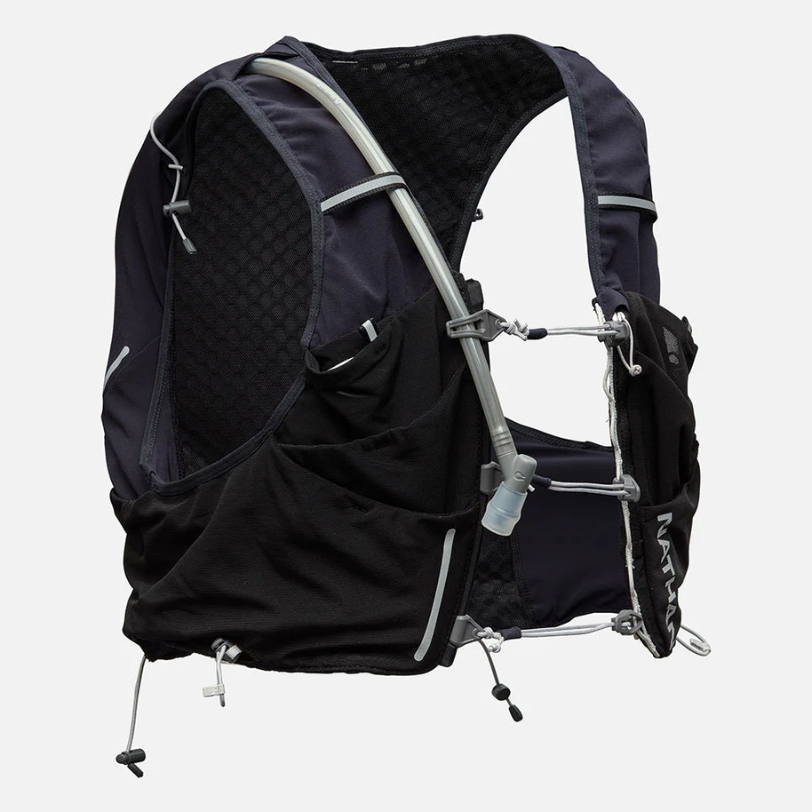 Pinnacle Pro 12L - Men by Nathan in black and dark grey with slider sternum cords and Quick-Fit™ system for running and outdoor use