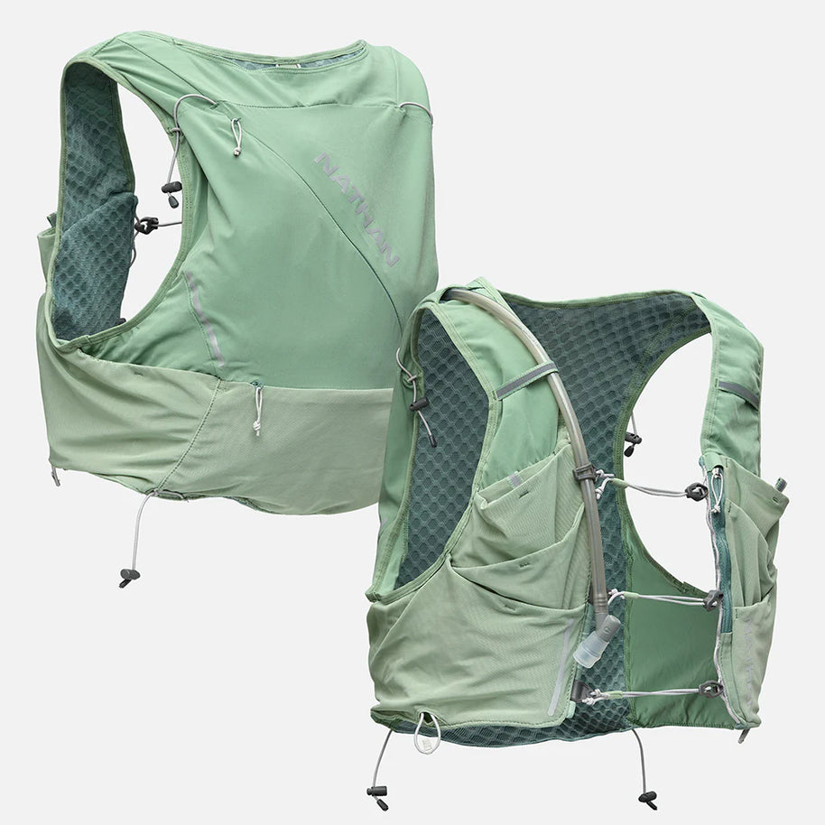 Pinnacle Pro 12L - Men by Nathan in green with slider sternum cords and Quick-Fit™ system, lightweight running vest for trail running and races
