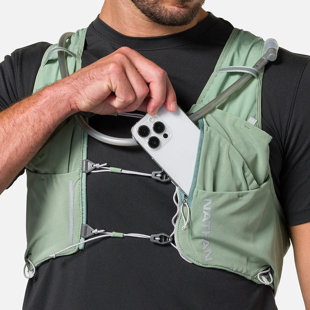 Pinnacle Pro 12L - Men by Nathan in sage green with Quick-Fit™ system and slider cords, hydration vest for running and outdoor use