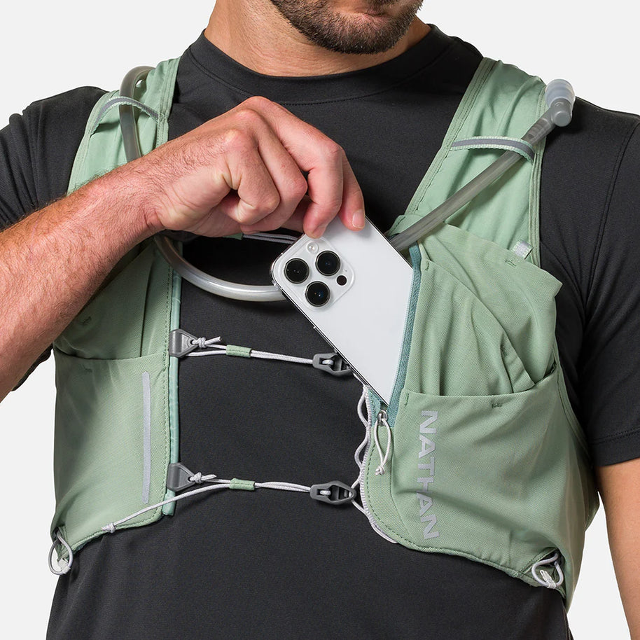 Pinnacle Pro 12L - Men by Nathan in sage green with Quick-Fit™ system and slider cords, hydration vest for running and outdoor use