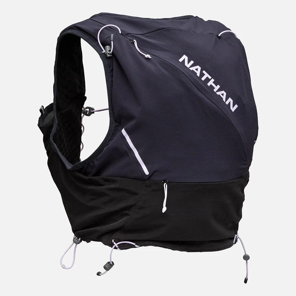 Pinnacle Pro 12L - Women by Nathan in black with slider sternum cords and Quick-Fit system for running and outdoor use
