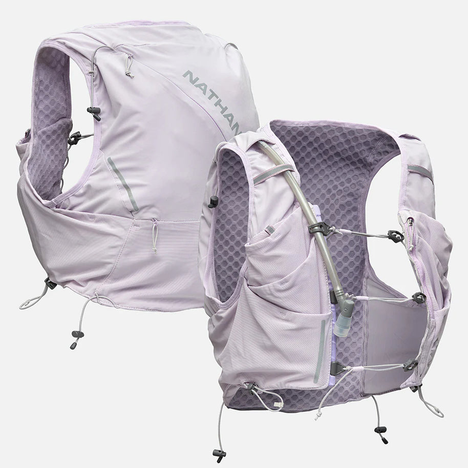 Pinnacle Pro 12L - Women by Nathan in light purple with slider sternum cords and Quick-Fit system for running and outdoor use