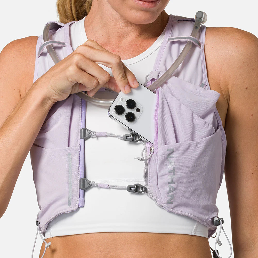 Pinnacle Pro 12L - Women by Nathan in lavender with Quick-Fit adjustment and slider sternum cords for secure, comfortable running fit