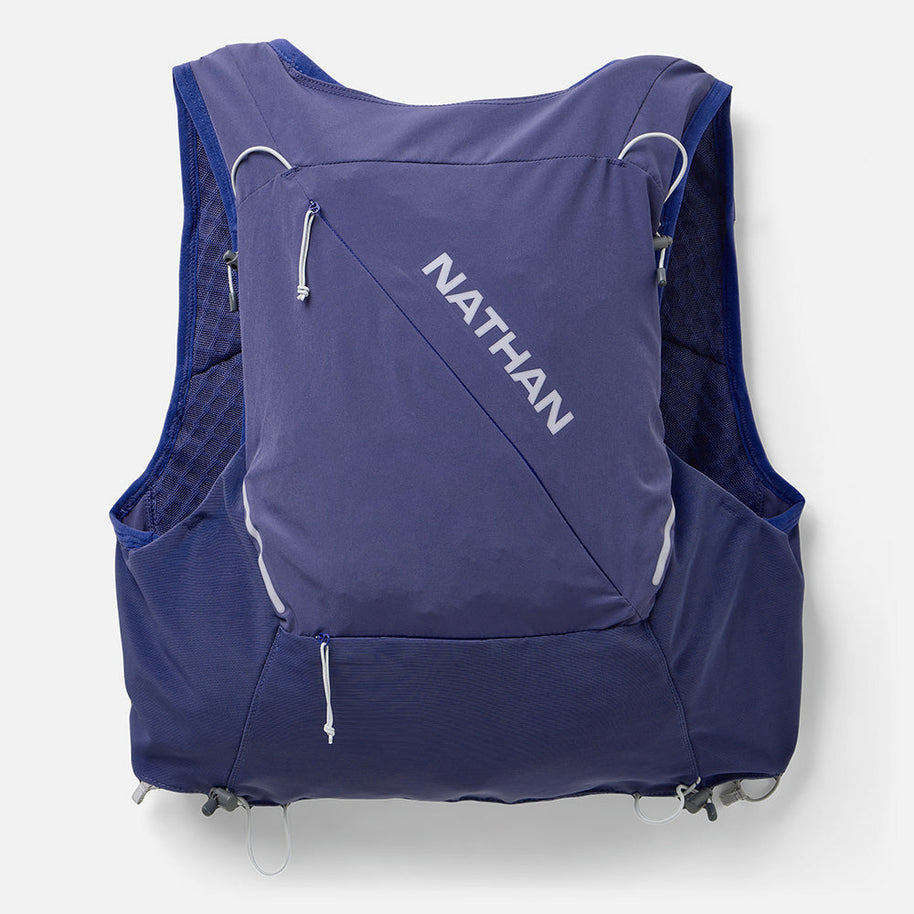 Nathan Pinnacle Pro 12L women's running vest in Indigo/Light Blue, back view of the main pocket