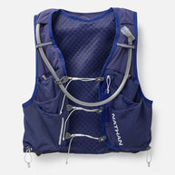 Nathan Pinnacle Pro 12L women's running vest in Indigo/Light Blue, front view with soft flasks and tubes