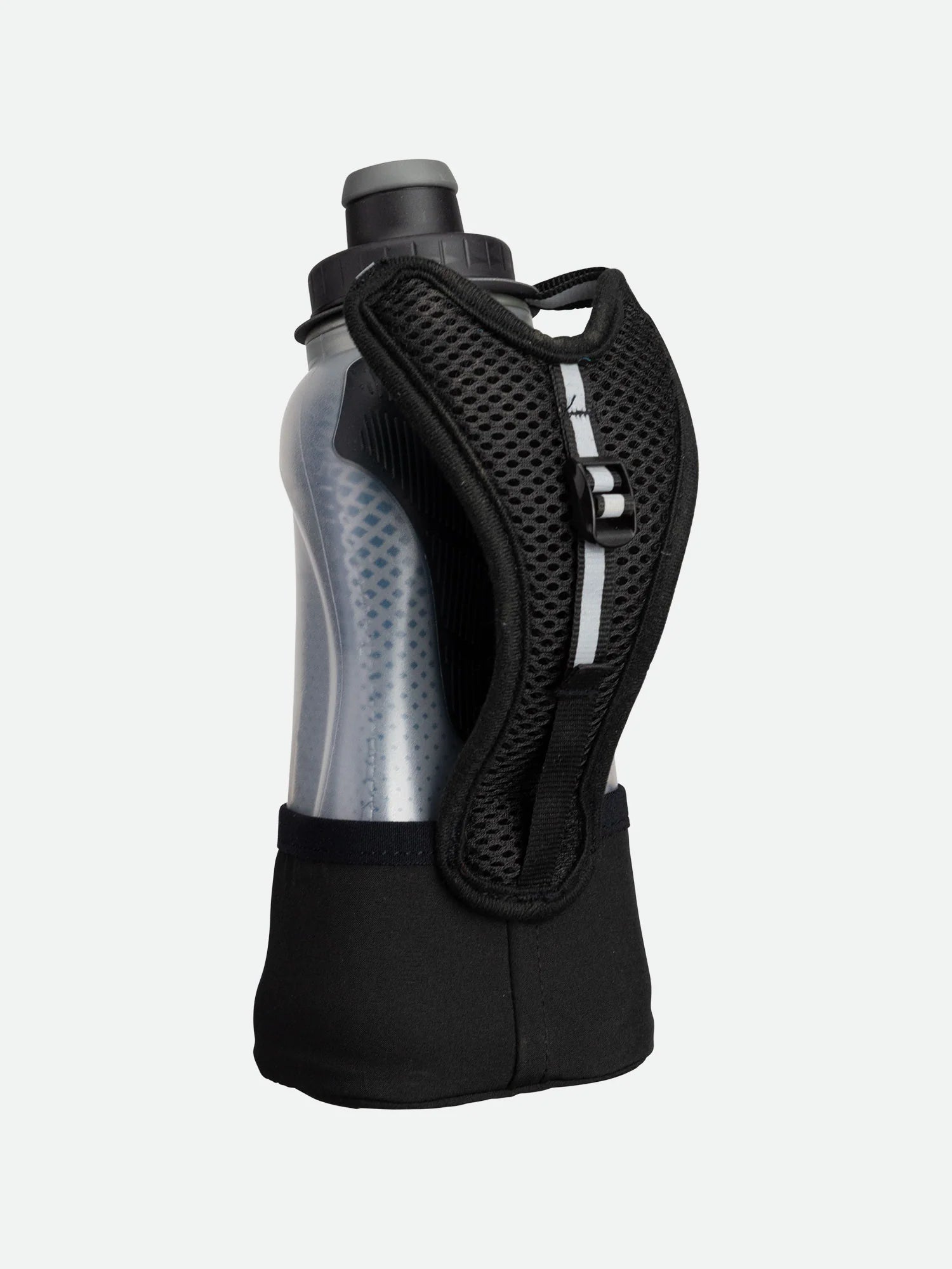 Quick Squeeze Lite 12oz Insulated Handheld by Nathan in black and grey, lightweight flask with adjustable strap and no-slip grip for hydration on the run