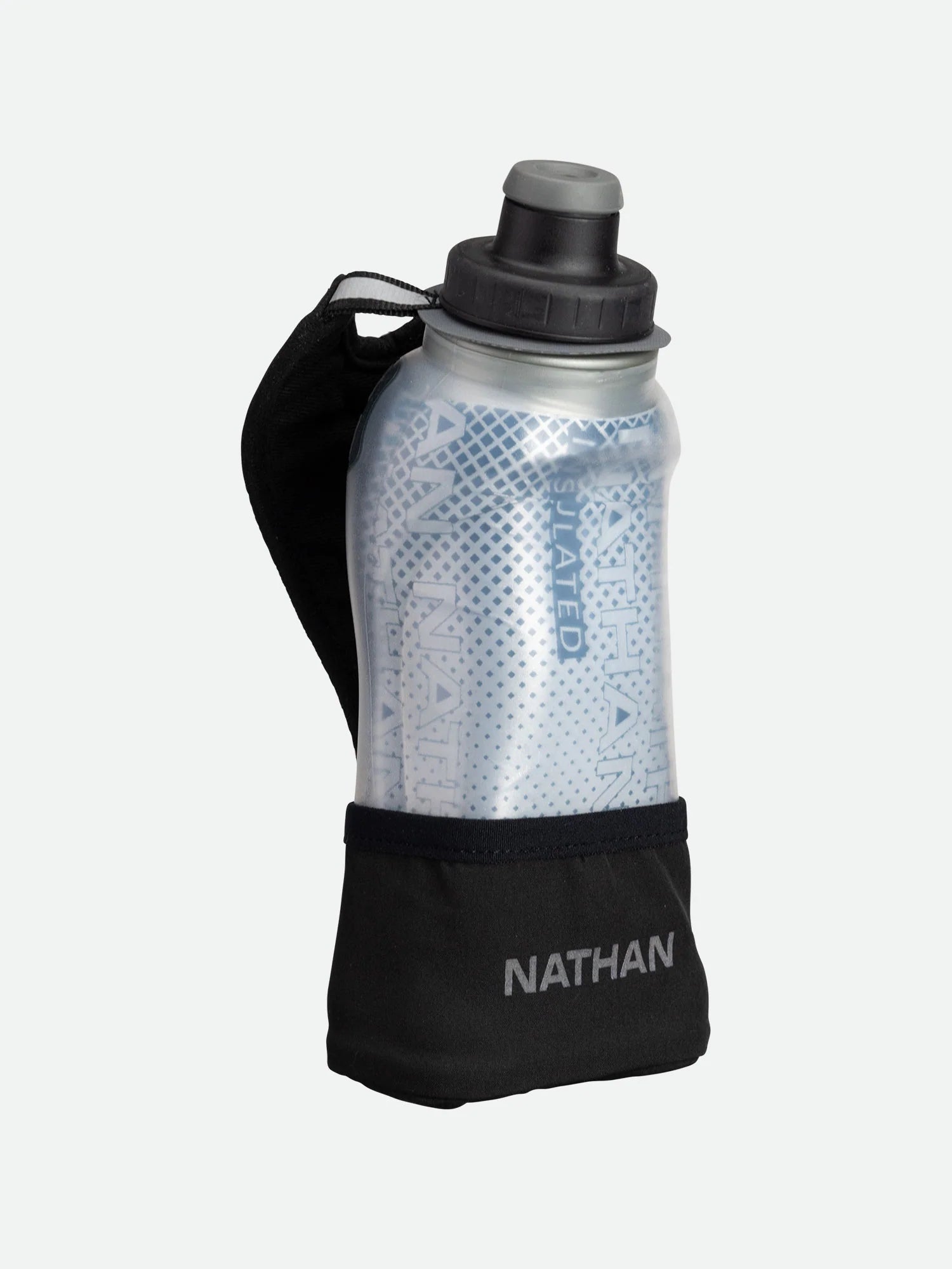 Quick Squeeze Lite 12oz Insulated Handheld by Nathan in black with adjustable hand strap and no-slip grip, lightweight hydration flask for running