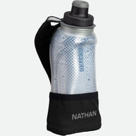 Quick Squeeze Lite 12oz Insulated Handheld by Nathan in black with adjustable hand strap and no-slip grip, lightweight hydration flask for running