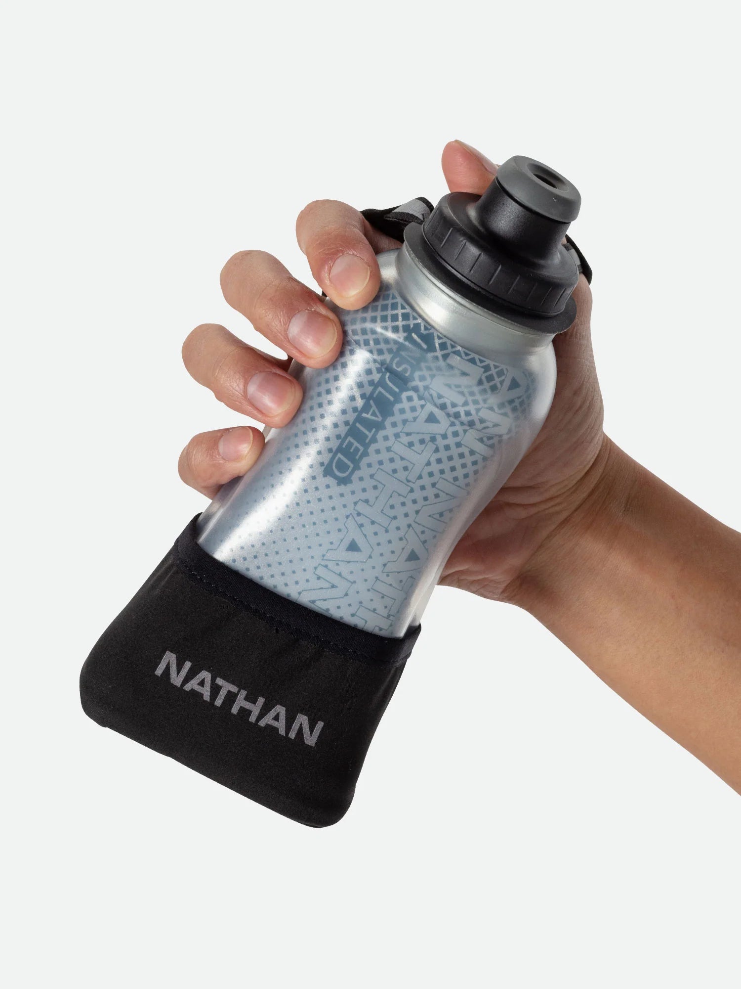 Quick Squeeze Lite 12oz Insulated Handheld by Nathan in silver with black adjustable strap, lightweight insulated flask for easy grip and running hydration