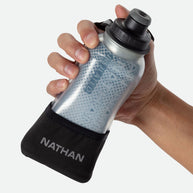 Quick Squeeze Lite 12oz Insulated Handheld by Nathan in silver with black adjustable strap, lightweight insulated flask for easy grip and running hydration