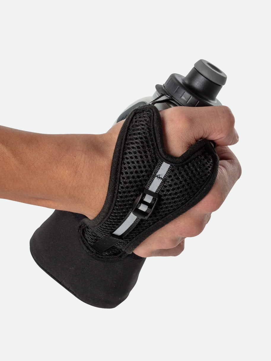 Quick Squeeze Lite 12oz Insulated Handheld by Nathan in black with adjustable strap, lightweight insulated flask for easy grip and hydration while running