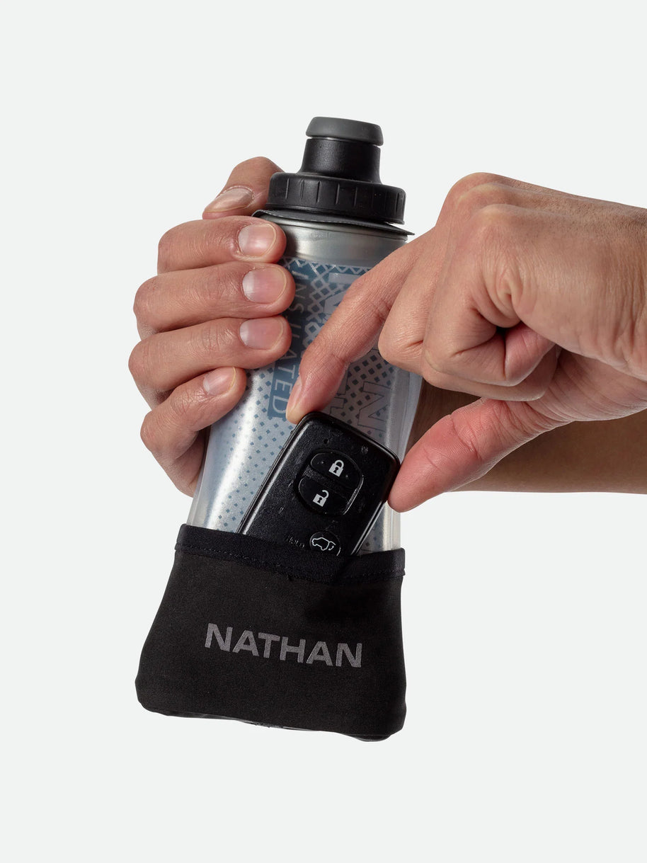 Quick Squeeze Lite 12oz Insulated Handheld by Nathan in silver with black strap, lightweight insulated flask with adjustable grip and no-slip insert for hydration.