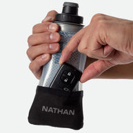Quick Squeeze Lite 12oz Insulated Handheld by Nathan in silver with black strap, lightweight insulated flask with adjustable grip and no-slip insert for hydration.