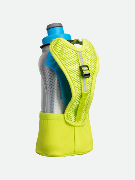 Quick Squeeze Lite 12oz Insulated Handheld by Nathan in grey and neon yellow with adjustable strap and no-slip grip for lightweight hydration