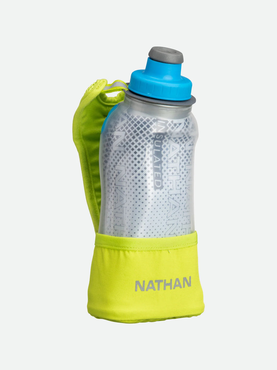 Quick Squeeze Lite 12oz Insulated Handheld by Nathan in clear and neon yellow, lightweight flask with adjustable strap and no-slip grip for running hydration