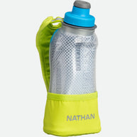 Quick Squeeze Lite 12oz Insulated Handheld by Nathan in clear and neon yellow, lightweight flask with adjustable strap and no-slip grip for running hydration