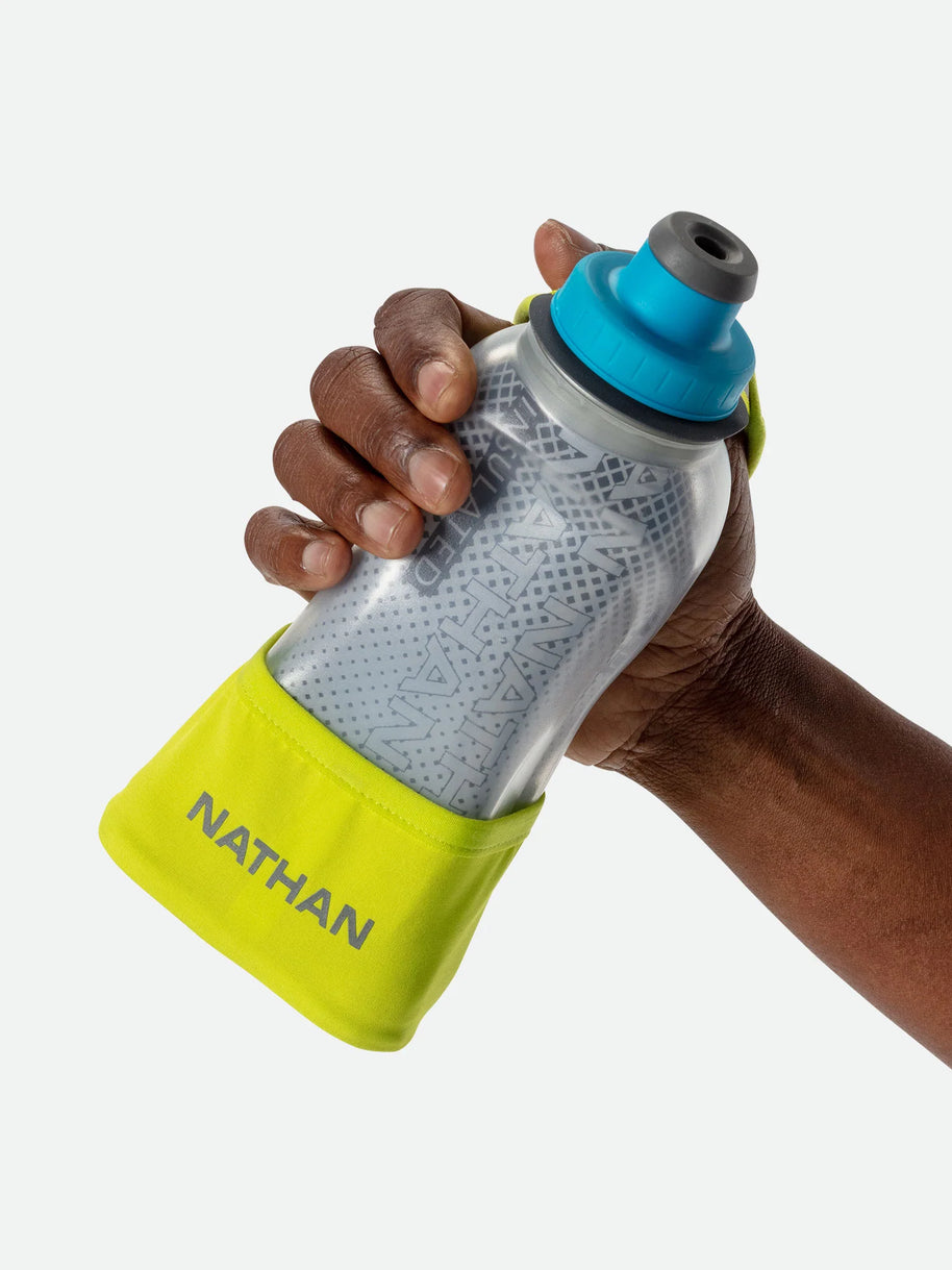 Quick Squeeze Lite 12oz Insulated Handheld by Nathan in grey blue and yellow, lightweight flask with adjustable strap and no-slip grip ideal for running hydration