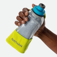 Quick Squeeze Lite 12oz Insulated Handheld by Nathan in grey blue and yellow, lightweight flask with adjustable strap and no-slip grip ideal for running hydration