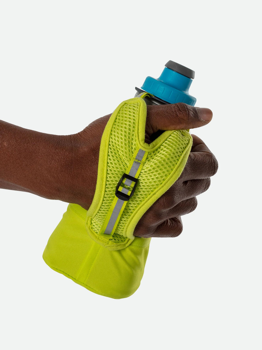 Quick Squeeze Lite 12oz Insulated Handheld by Nathan in blue and lime green with adjustable strap and no-slip grip for easy hydration during running