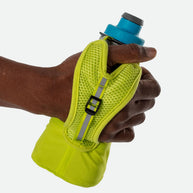Quick Squeeze Lite 12oz Insulated Handheld by Nathan in blue and lime green with adjustable strap and no-slip grip for easy hydration during running